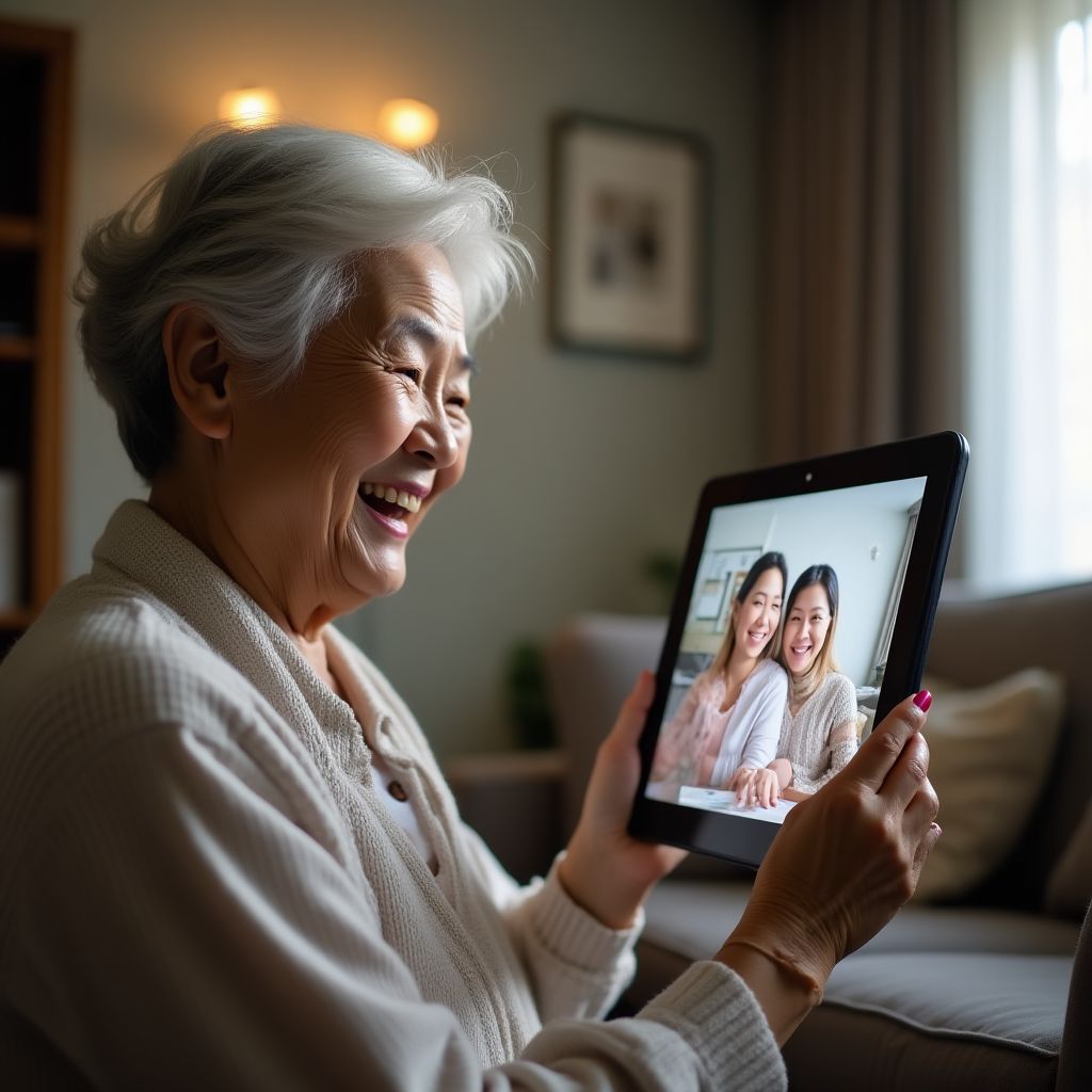 Senior citizen proudly showing a video call with family members on tablet