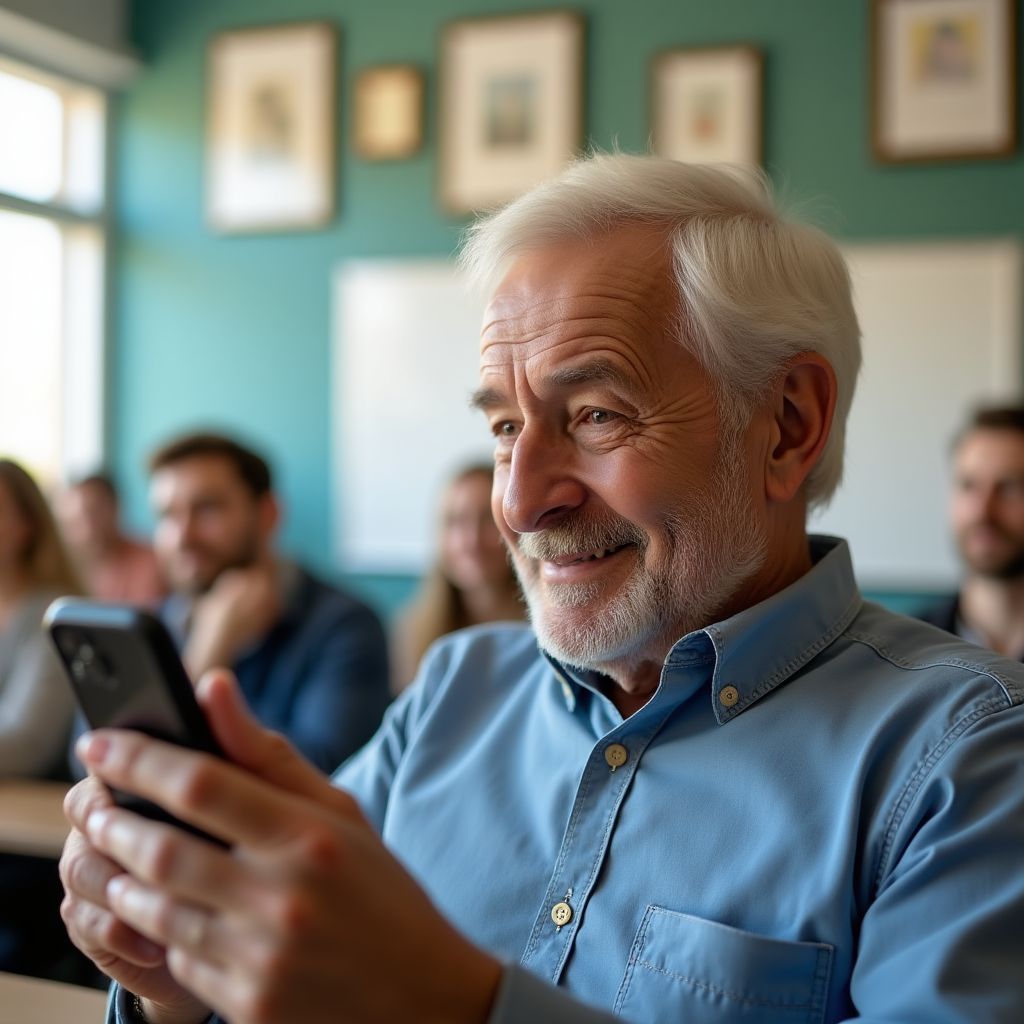 Senior practicing video call with family member