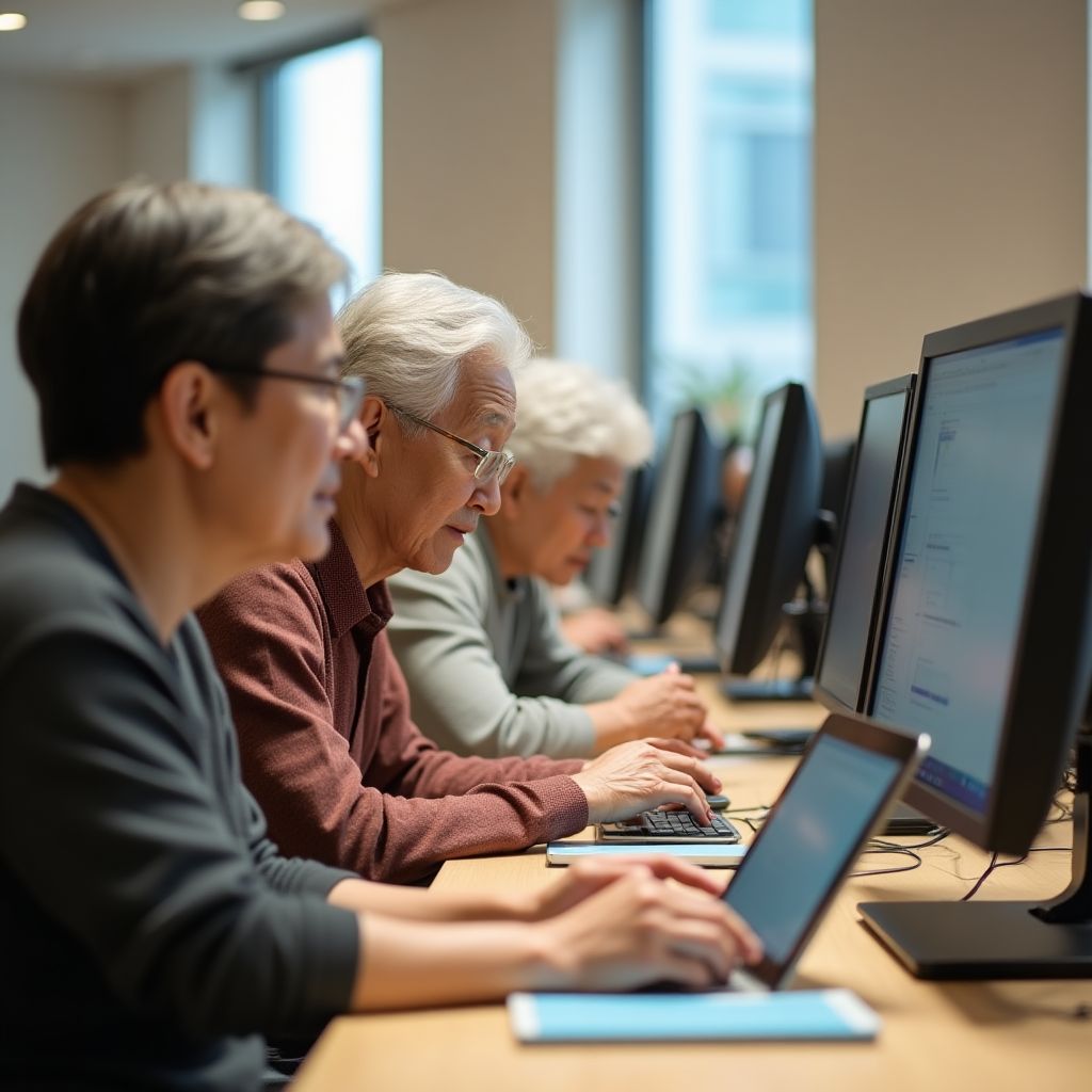 Group of seniors and volunteers in a digital literacy workshop in Hong Kong