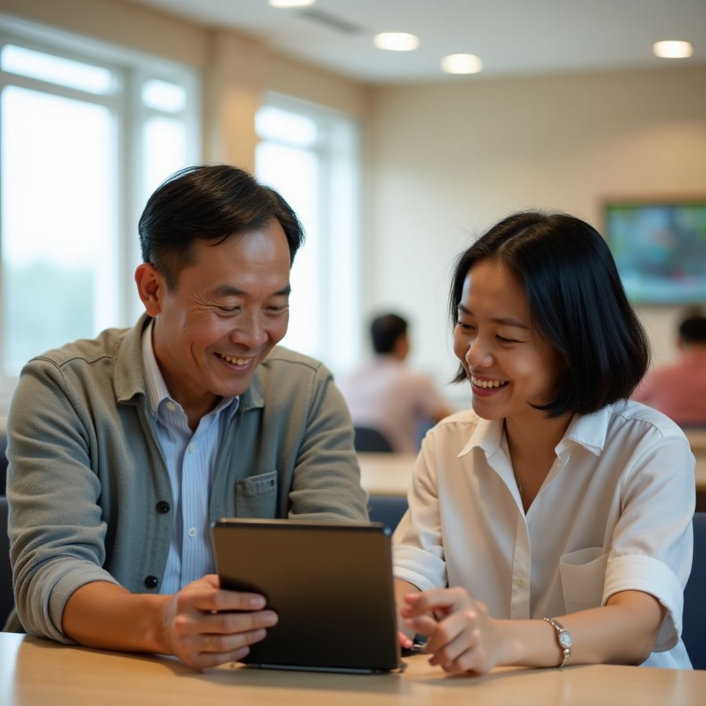 A volunteer teaching a senior citizen how to use a tablet computer