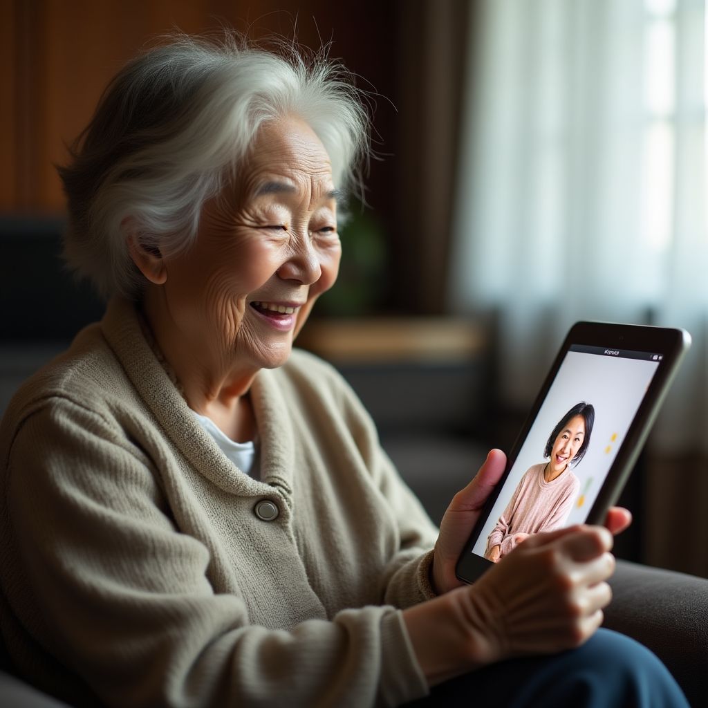 Mrs. Chan video calling with her grandchildren