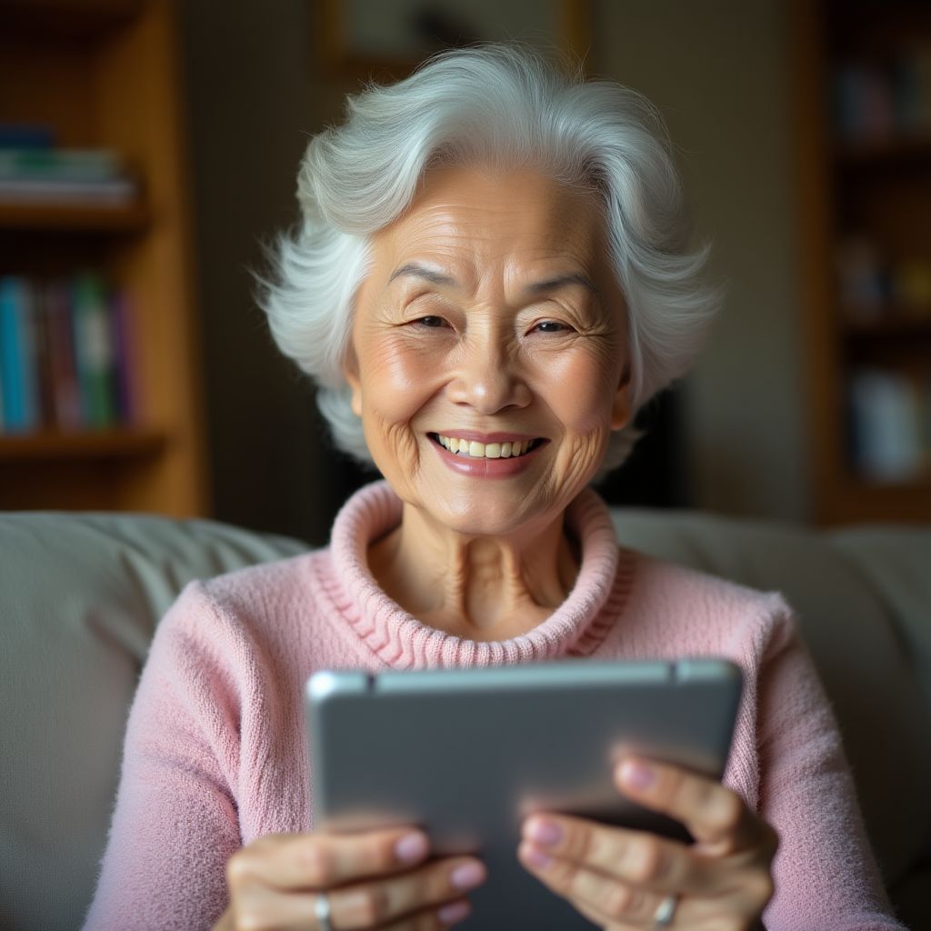 An elderly woman on a video call with her family