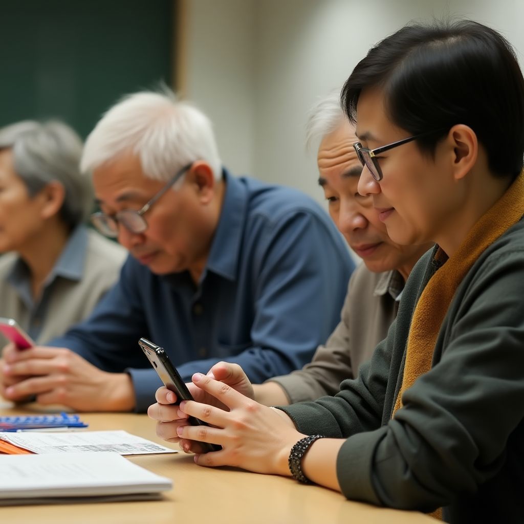 Senior citizens learning to use WhatsApp on smartphones